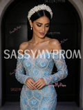 Trumpet Mermaid Flower Blue Long Sleeve Off The Shoulder Prom Dress