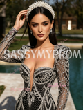 Beading Long Sleeve Black Square Trumpet Mermaid Prom Dress