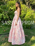 Pink Satin Print Spaghetti Straps A Line Prom Dress
