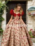 Puffy Sleeve Ball Gown Print Red Prom Dress
