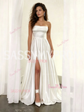 Strapless Satin A Line Simple Wedding Dress With Slit