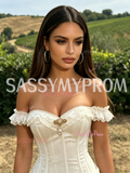Ivory Organza Off The Shoulder Ruffles Prom Dress