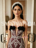 Tulle Beading Mesh Burgundy Strapless Sheath Column Prom Dress