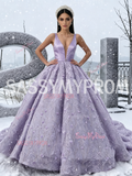 Lavender Satin Lace Flower Ball Gown Belt Prom Dress