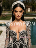Beading Long Sleeve Black Square Trumpet Mermaid Prom Dress