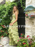 Green Spaghetti Straps Layers Print Chiffon Prom Dress