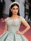 Ball Gown Flowers Green Off The Shoulder Sequin Tulle Prom Dress