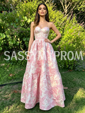 Pink Satin Print Spaghetti Straps A Line Prom Dress