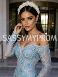 Trumpet Mermaid Flower Blue Long Sleeve Off The Shoulder Prom Dress