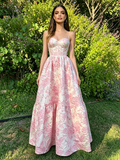 Pink Satin Print Spaghetti Straps A Line Prom Dress