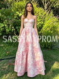 Pink Satin Print Spaghetti Straps A Line Prom Dress