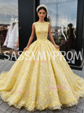 Yellow Bateau Neckline Tulle Floral Sequin Ball Gown Prom Dress