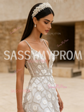 A Line Flower Beading V Neck Tulle Sequin White Prom Dress