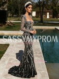 Beading Long Sleeve Black Square Trumpet Mermaid Prom Dress