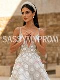 A Line Flower Beading V Neck Tulle Sequin White Prom Dress