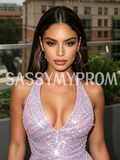 Lavender Sequin V Neck Sheath Column Prom Dress With Slit