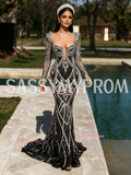 Beading Long Sleeve Black Square Trumpet Mermaid Prom Dress