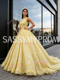 Yellow Bateau Neckline Tulle Floral Sequin Ball Gown Prom Dress
