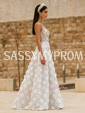 A Line Flower Beading V Neck Tulle Sequin White Prom Dress