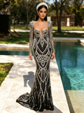 Beading Long Sleeve Black Square Trumpet Mermaid Prom Dress