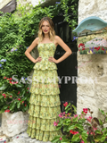 Green Spaghetti Straps Layers Print Chiffon Prom Dress