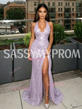 Lavender Sequin V Neck Sheath Column Prom Dress With Slit