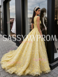 Yellow Bateau Neckline Tulle Floral Sequin Ball Gown Prom Dress