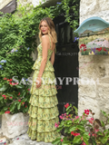 Green Spaghetti Straps Layers Print Chiffon Prom Dress