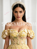 Yellow Lace Floral Off The Shoulder A Line Prom Dress