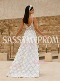 A Line Flower Beading V Neck Tulle Sequin White Prom Dress