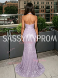 Lavender Sequin V Neck Sheath Column Prom Dress With Slit
