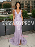 Lavender Sequin V Neck Sheath Column Prom Dress With Slit