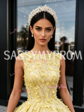 Yellow Bateau Neckline Tulle Floral Sequin Ball Gown Prom Dress