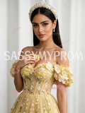 Yellow Lace Floral Off The Shoulder A Line Prom Dress
