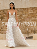 A Line Flower Beading V Neck Tulle Sequin White Prom Dress