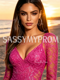 Fuchsia Long Sleeve Lace Trumpet Mermaid Prom Dress