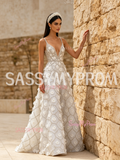 A Line Flower Beading V Neck Tulle Sequin White Prom Dress