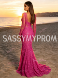Fuchsia Long Sleeve Lace Trumpet Mermaid Prom Dress