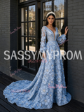 Deep V Neck A Line Blue Beading Long Sleeve Flower Prom Dress