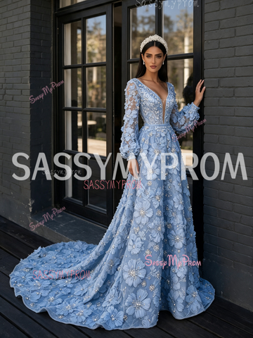 Deep V Neck A Line Blue Beading Long Sleeve Flower Prom Dress