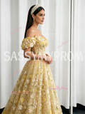 Yellow Lace Floral Off The Shoulder A Line Prom Dress