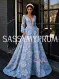 Deep V Neck A Line Blue Beading Long Sleeve Flower Prom Dress
