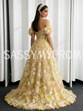 Yellow Lace Floral Off The Shoulder A Line Prom Dress