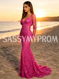 Fuchsia Long Sleeve Lace Trumpet Mermaid Prom Dress