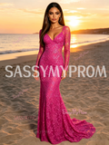 Fuchsia Long Sleeve Lace Trumpet Mermaid Prom Dress