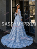 Deep V Neck A Line Blue Beading Long Sleeve Flower Prom Dress