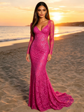 Fuchsia Long Sleeve Lace Trumpet Mermaid Prom Dress
