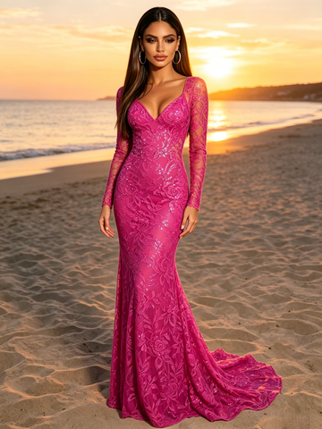 Fuchsia Long Sleeve Lace Trumpet Mermaid Prom Dress