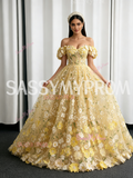 Yellow Lace Floral Off The Shoulder A Line Prom Dress