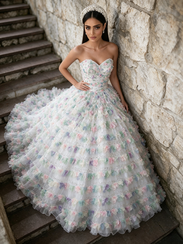 Tulle Ball Gown Ruffles Ombre Sweetheart Sequin Prom Dress